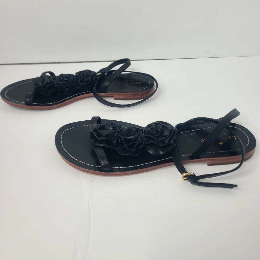 Kate Spade New York Caryl Black Leather Rosette Flower Flat Sandals Size 9.5